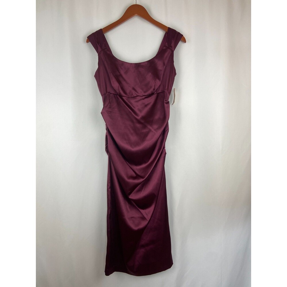 NWT Dressbarn Size 8 Midi Dress Burgundy Satin Ruched Cocktail Sheath Wedding